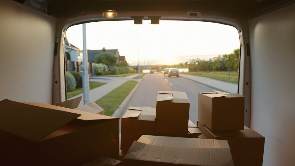 View from inside a van showing several cardboard moving boxes of various sizes, some with open flaps, placed near the rear opening. The boxes are packed on the van's floor, facing outward toward a suburban street scene during sunset. Outside, a residential neighbourhood with houses, a sidewalk, and parked cars is visible, with green lawns and trees lining the street. The open tailgate or back door of the van reveals the moving environment, indicating a home relocation process. The lighting inside the van is subdued, contrasted with the natural daylight outside, emphasizing the loading or unloading stage typical in furniture transport and packing and moving services. Occasionally, Man and Van Selsdon may assist with such loading processes for house removals in Selsdon.